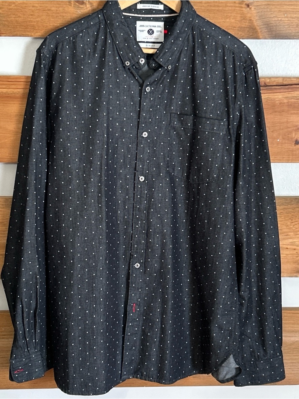 Cactus Man Button Down Charcoal Chambray Fabric White Polka Dots Slim Size XL